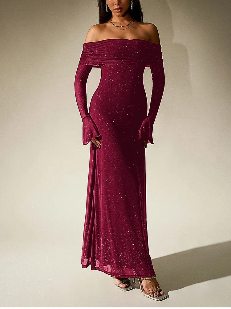 Sequin maxi dress with off-shoulder design and bell sleeves - Margarita