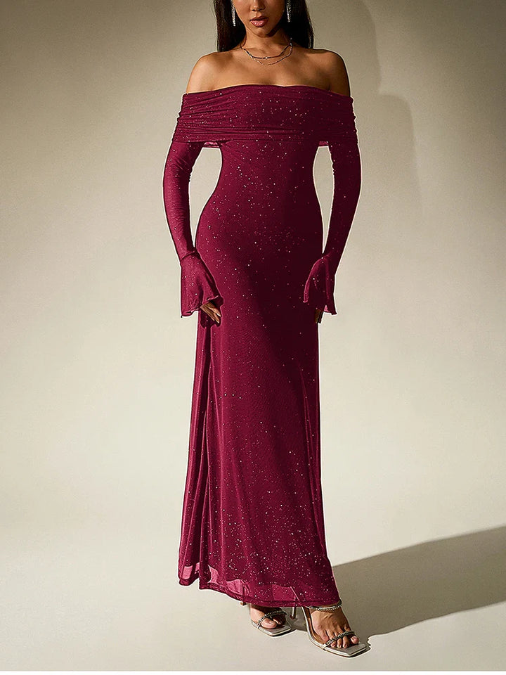 Sequin maxi dress with off-shoulder design and bell sleeves - Margarita