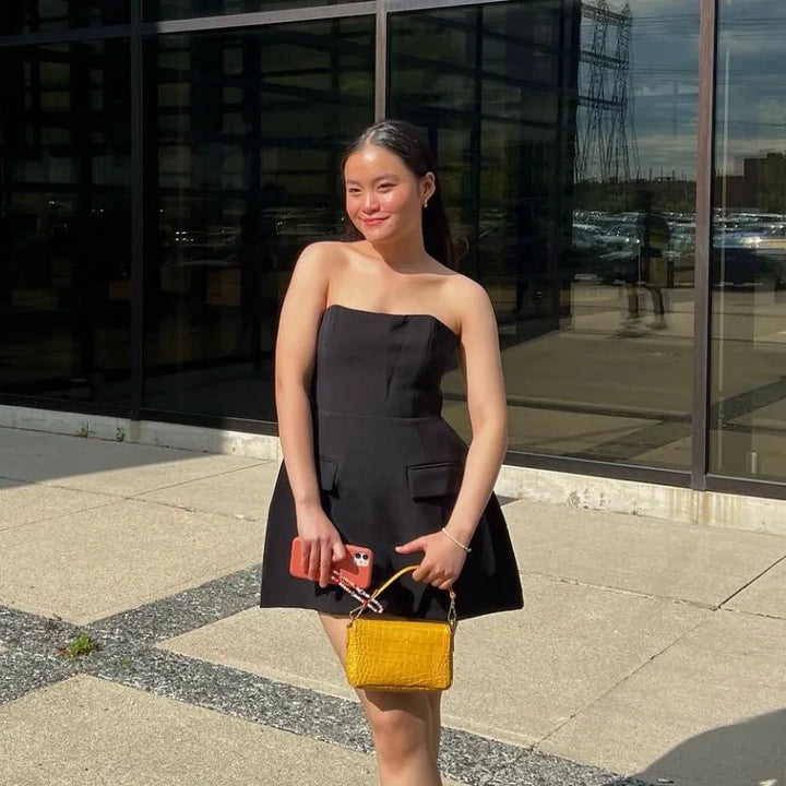 Strapless A-Line Mini Dress with Faux Pocket Detail - Angeles