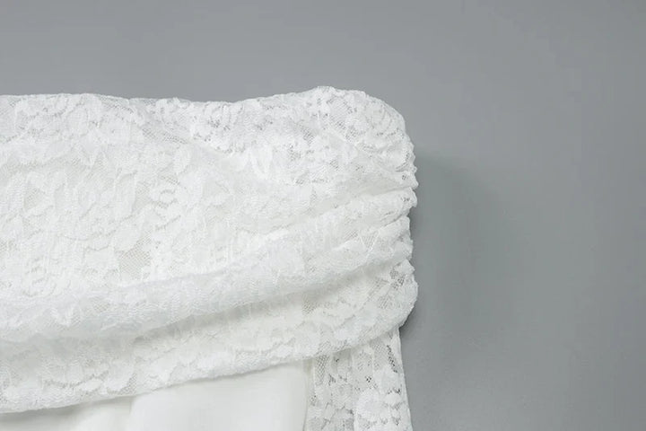 Satin mini dress with off-shoulder and lace sleeves - AMALIA