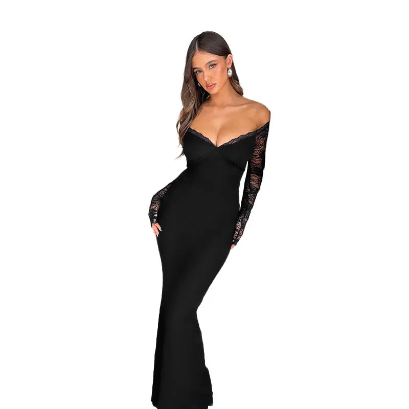 Maxi Dress with Lace Sleeve Detail and Off-Shoulder Design - Barbara
