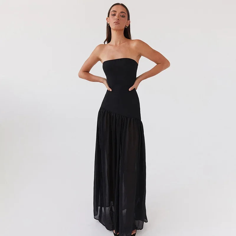 Maxi Strapless Chiffon Dress with Slit Detail - Pia