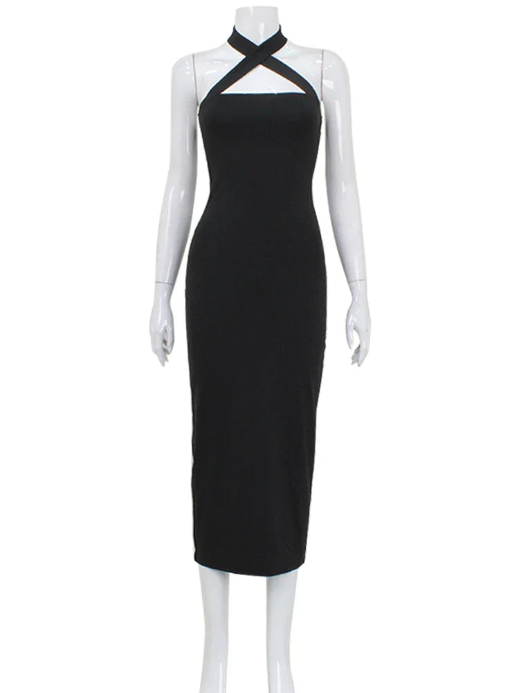 Fitted Maxi Dress with Cross Open Back Design - Sylvie