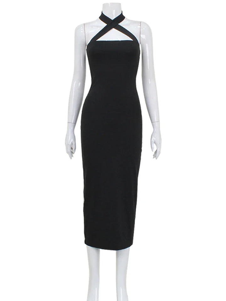 Fitted Maxi Dress with Cross Open Back Design - Sylvie
