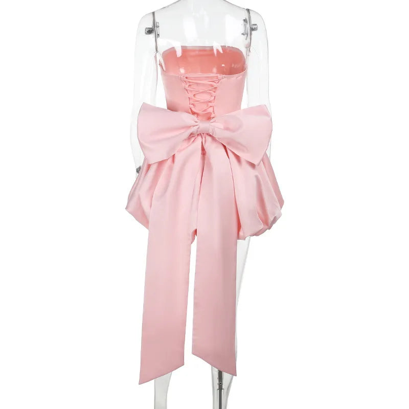 Strapless satin mini dress with balloon shape and bow decoration - Nina