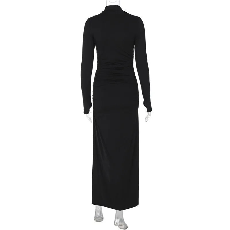 Maxi Dress with Ruching, Turtleneck, and Deep Slit - Sasha