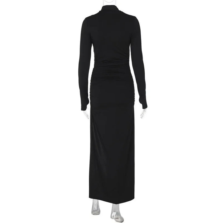 Maxi Dress with Ruching, Turtleneck, and Deep Slit - Sasha