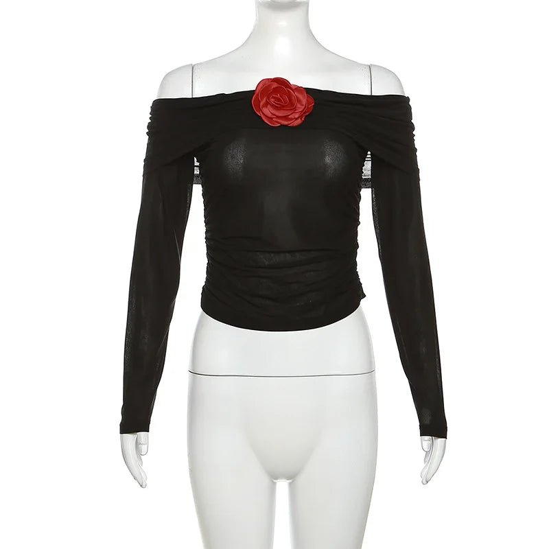 Sheer Off-Shoulder Shirt with Flower Decoration - Hasmin