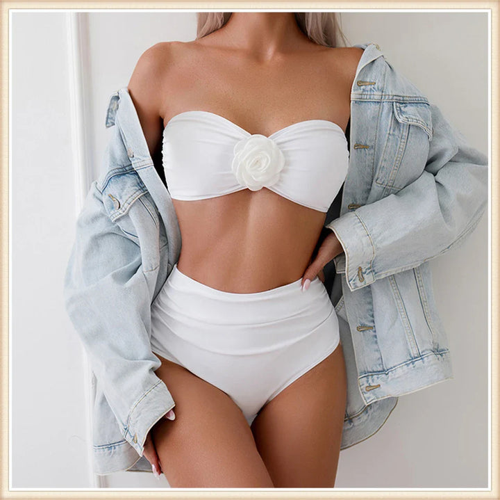 Strapless Bikini Top with Flower Decoration and High-Waist Shaping Bottom - Vanilla