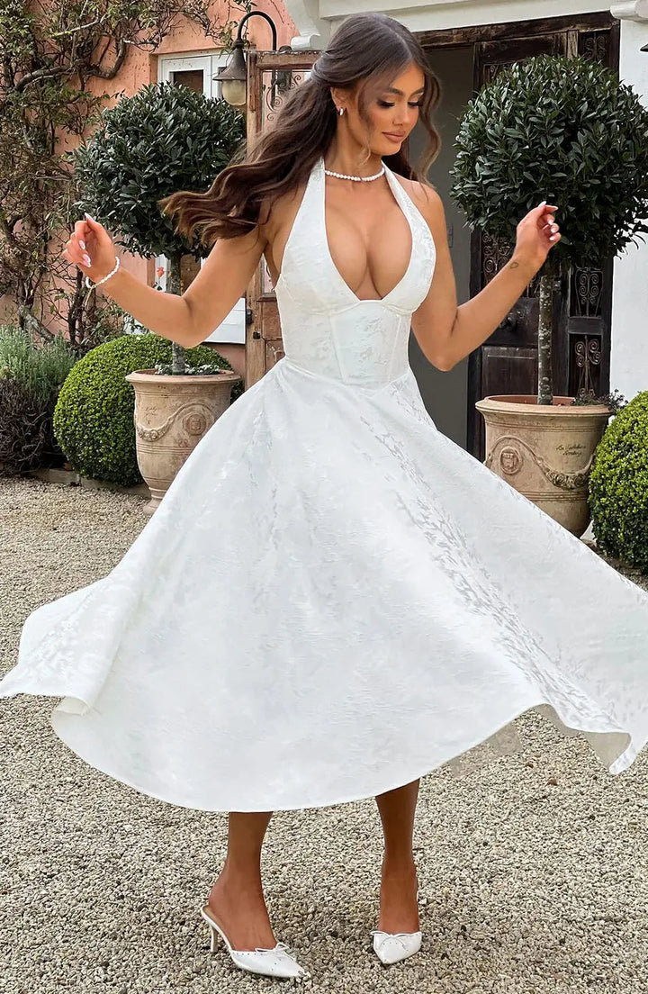 Midi A-Line Dress with Neck Tie, Open Back, Floral Embroidery Detail - Flora