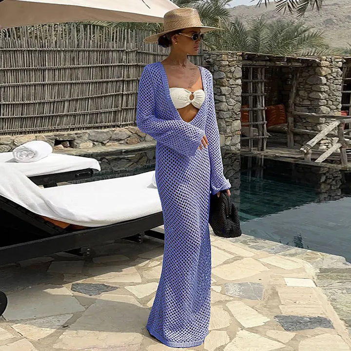 Mesh Maxi Beach Dress with Open Chest/Back - Amber