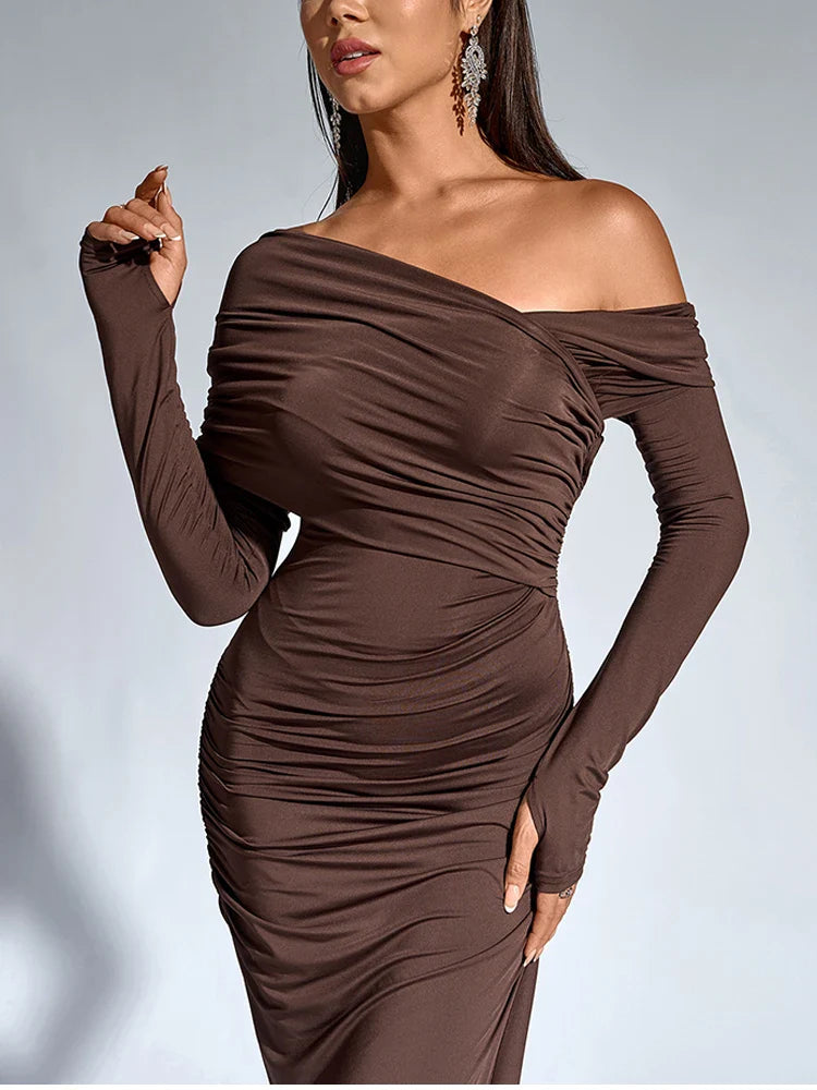 Maxi Dress with Ruching and One-Shoulder Design - Sharala