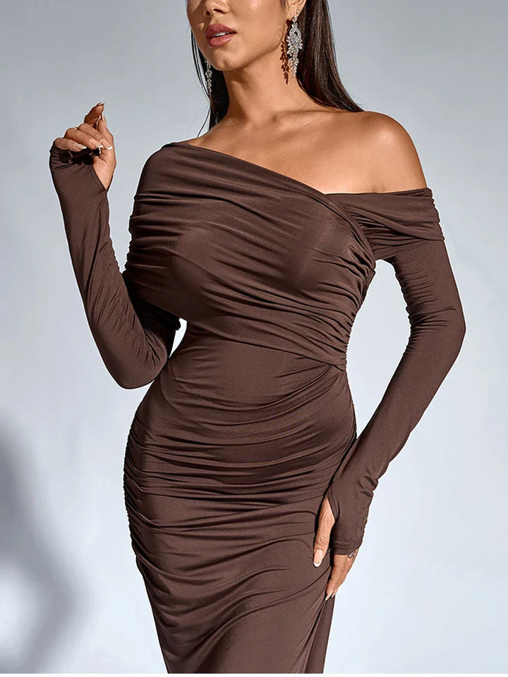 Maxi Dress with Ruching and One-Shoulder Design - Sharala