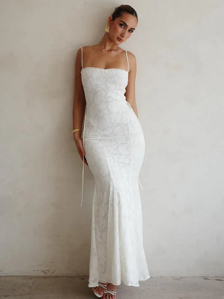 Chiffon Maxi Dress with Leaf Embroidery and Back Tie Design - BLANCA