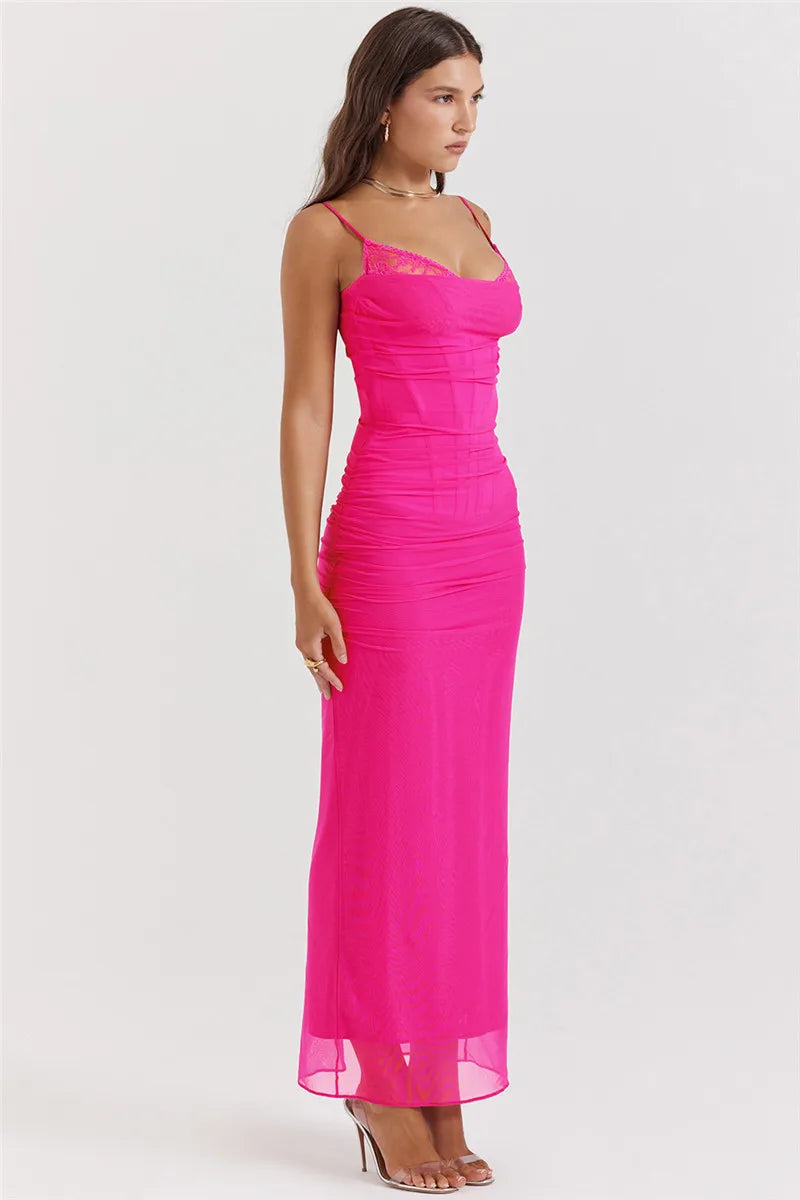 Fitted Maxi Chiffon Dress with Lace Details - Rosalia