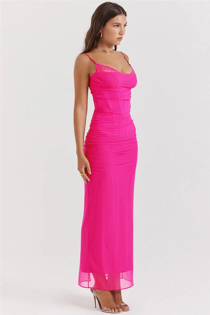 Fitted Maxi Chiffon Dress with Lace Details - Rosalia