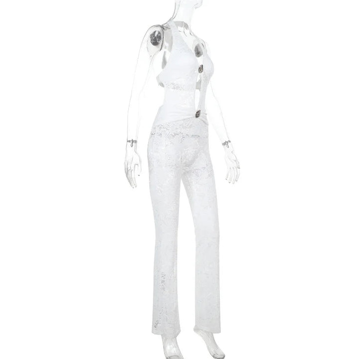 Long lace jumpsuit with open back and buckle details - Brighton