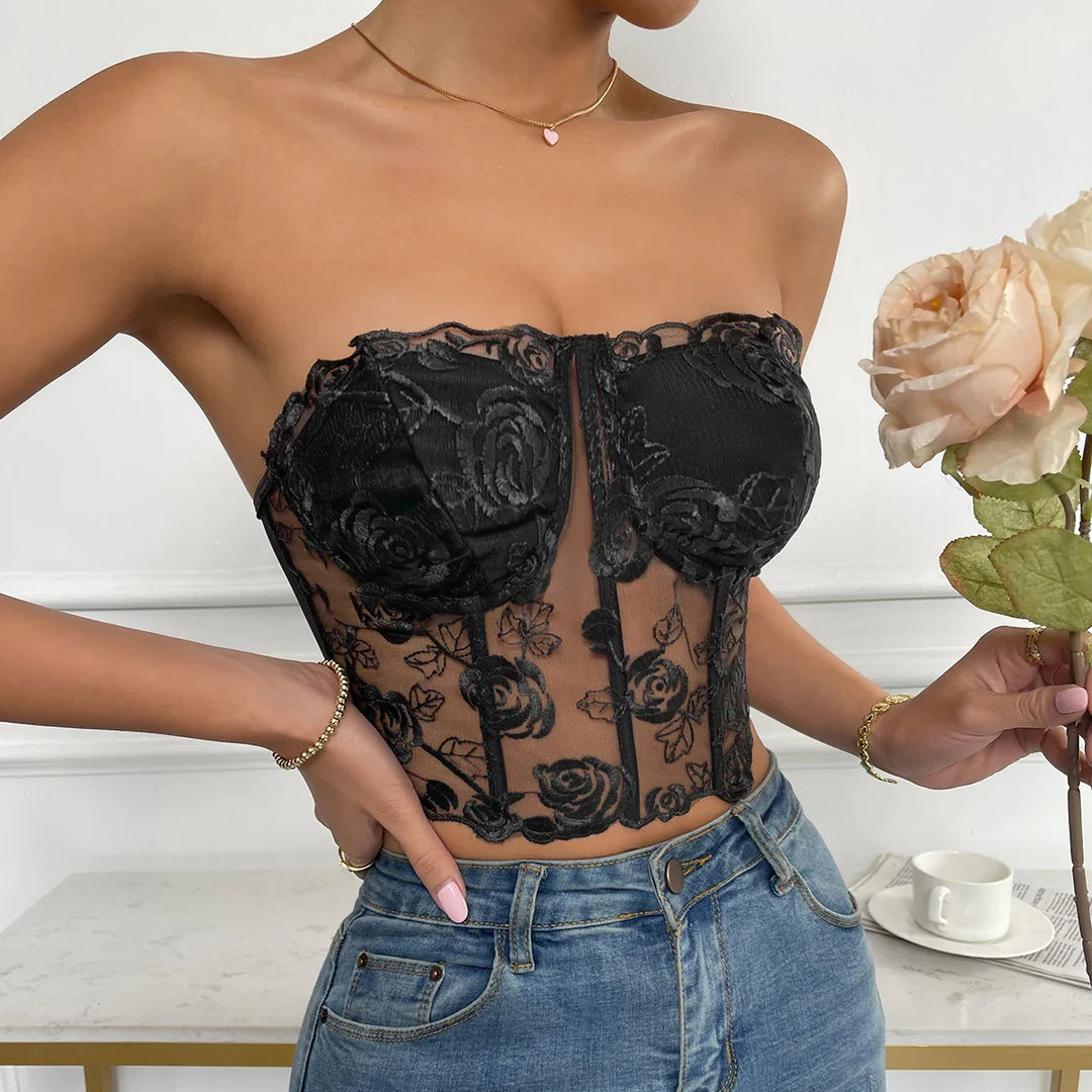 Strapless Mesh Top with Floral Embroidery - Noya Lee