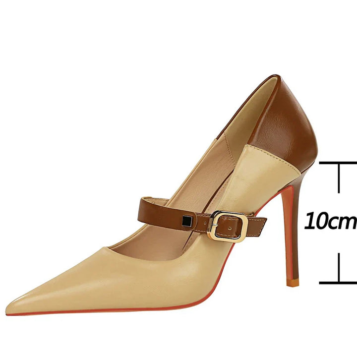 Faux Leather Pointed Heel Shoes with Buckle Decoration - Margaret