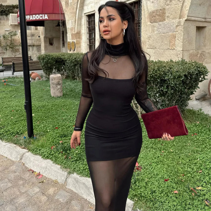 Mesh Maxi Dress with Turtleneck Underskirt - Isabella