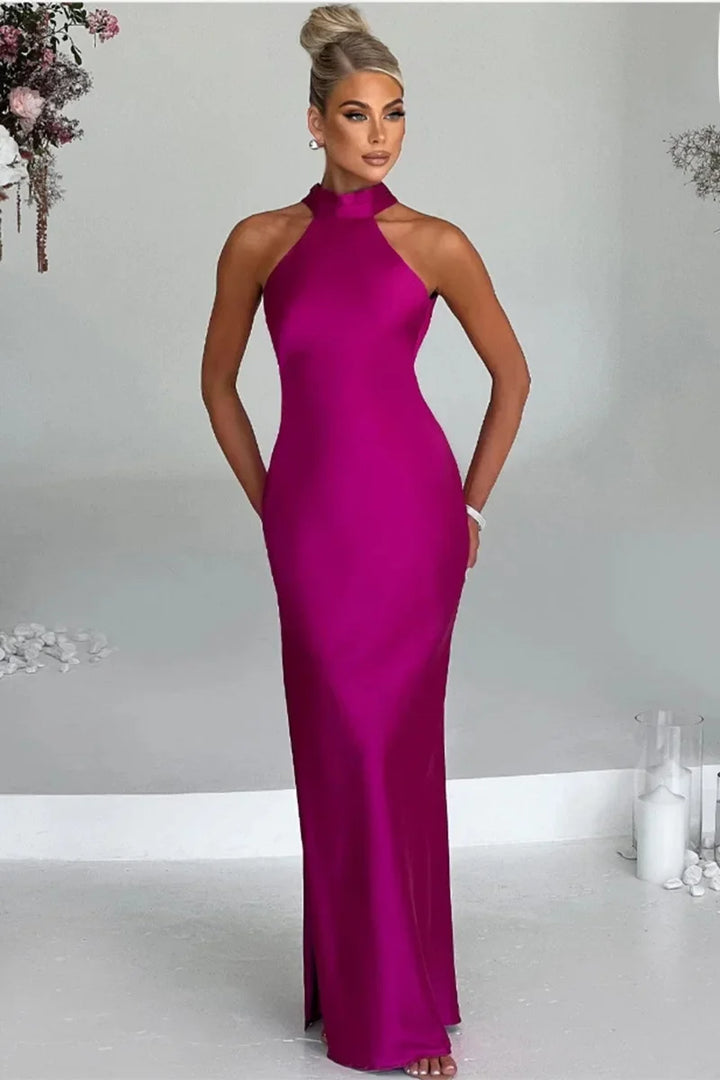 Maxi Satin Collar Dress with Slit Detail - Amari