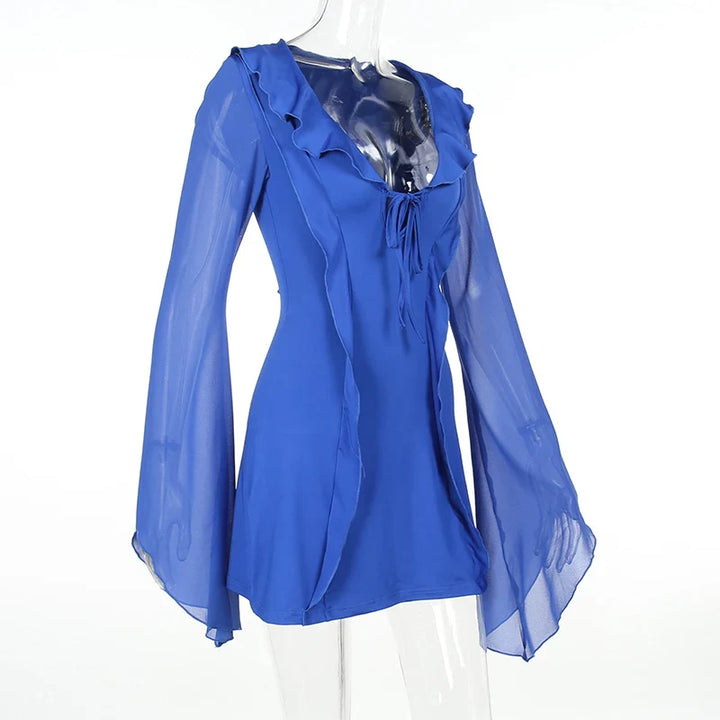 Mini Dress with Ruffle and Bell Chiffon Sleeves - Felis