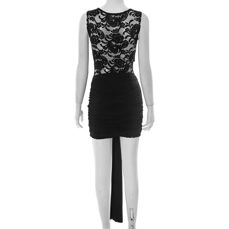 Lace mini dress decorated with trailing tie - Karin