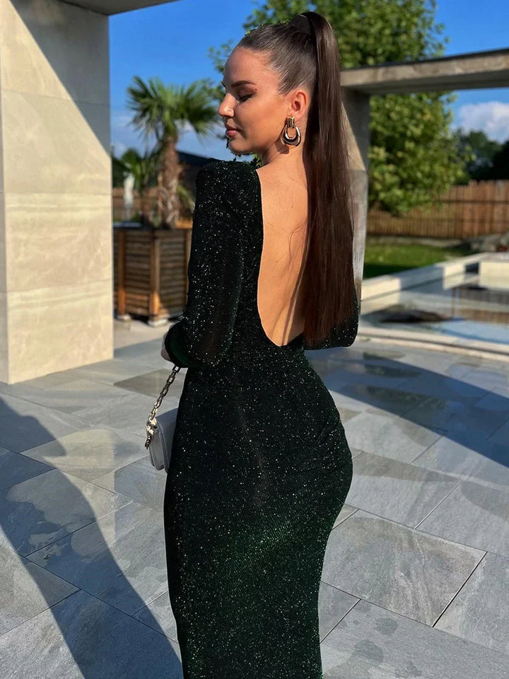 Fitted Midi Sequin Dress with Open Back - Rosemary