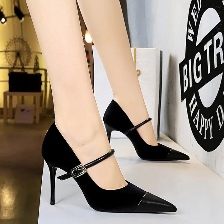 Pointed Heel Shoes with Velvet and Faux Leather Buckle Decoration - Mabel