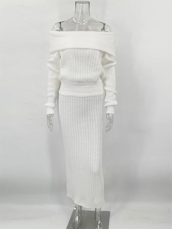 Two-Piece Knit Set with Off-Shoulder Top and Maxi Skirt - Ilona