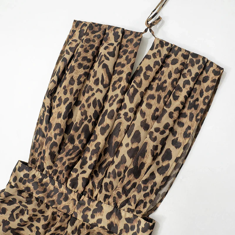 Short Spotted Chiffon Jumpsuit with Deep V-Neck Mini Dress Design - Jill