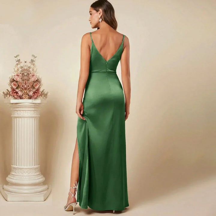 Elegant Maxi Satin Dress with Slit Detail - Reina