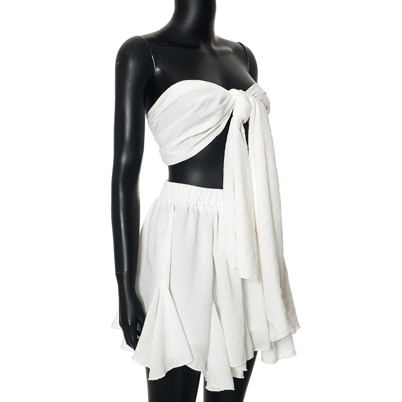 Two-Piece Linen Set with Strapless Tie Top and Ruffled Mini Skirt - Lola
