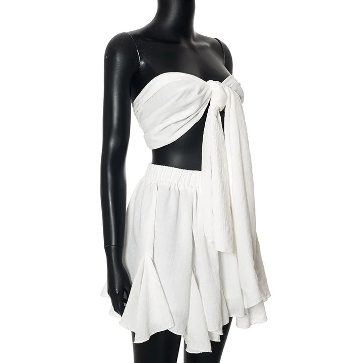 Two-Piece Linen Set with Strapless Tie Top and Ruffled Mini Skirt - Lola