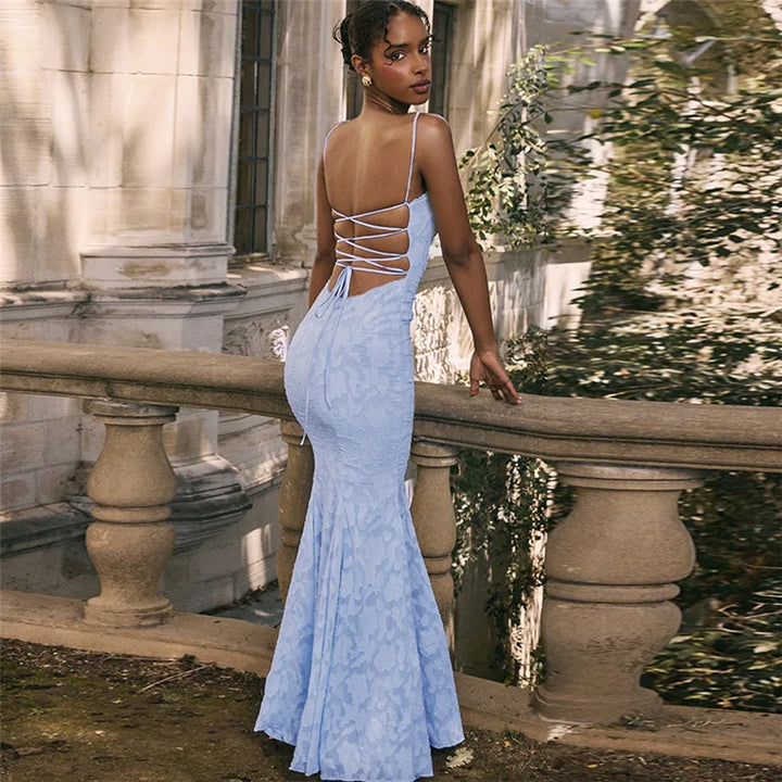 Maxi Chiffon Dress with Leaf Embroidery, Back Tie for Waist Fit - Mona Liz