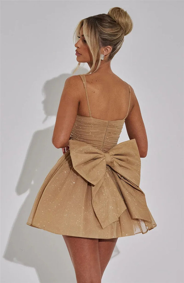 A-Line Ruffled Mini Sequin Dress with Bow Detail - Isabel