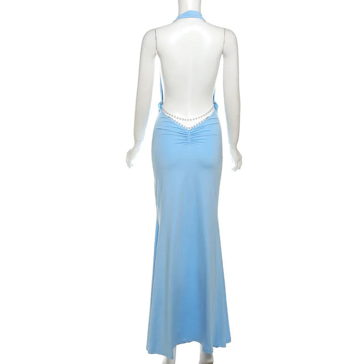 Maxi Dress with Draped Collar, Open Back, and Pearl Chain Detail - Camille