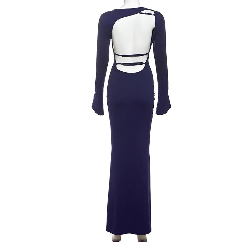 Open Back Maxi Dress with Bell Sleeves - Blueberry