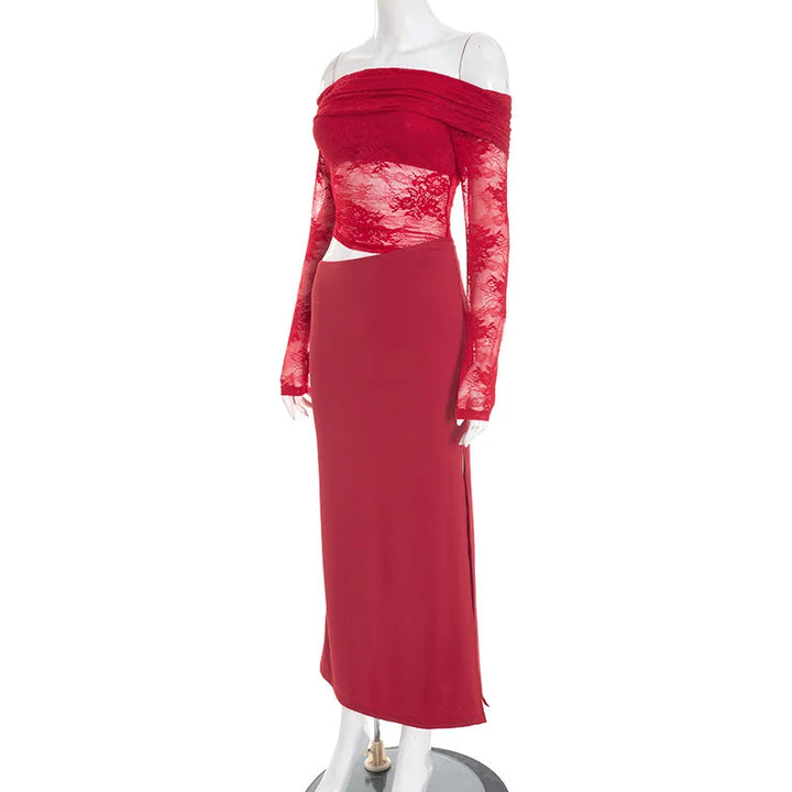 Maxi off-shoulder dress with lace and neckline design - LOLA
