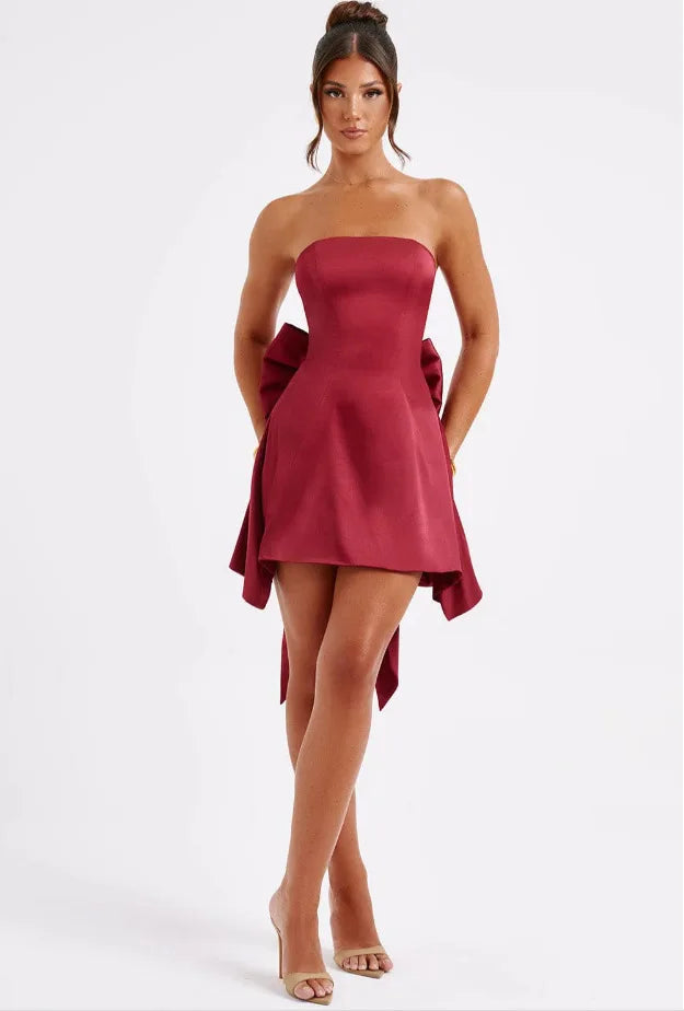 Strapless Satin Mini Dress with A-Line and Asymmetric Bow Detail - Roselyn