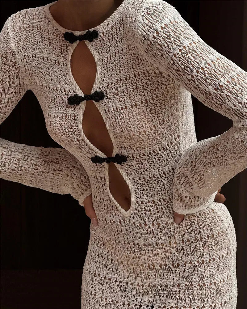 Knitted Maxi Beach Dress with Pin Decoration and Tie Detail on Open Back - Mikayla