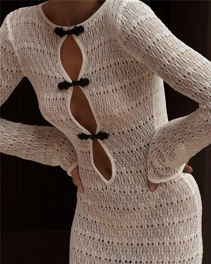 Knitted Maxi Beach Dress with Pin Decoration and Tie Detail on Open Back - Mikayla