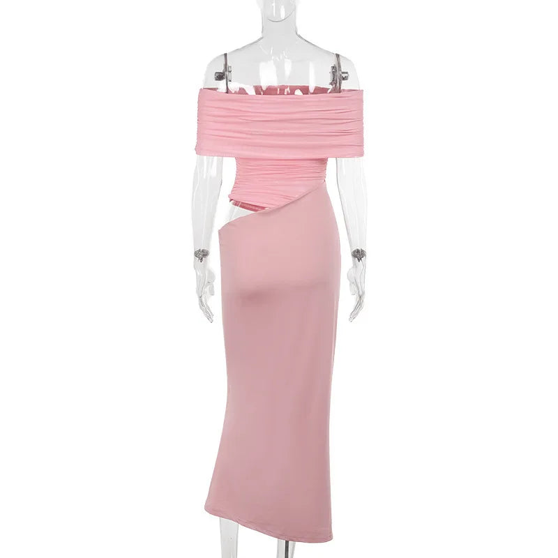 Maxi dress with ruching, mesh design and off-shoulder - Keshet