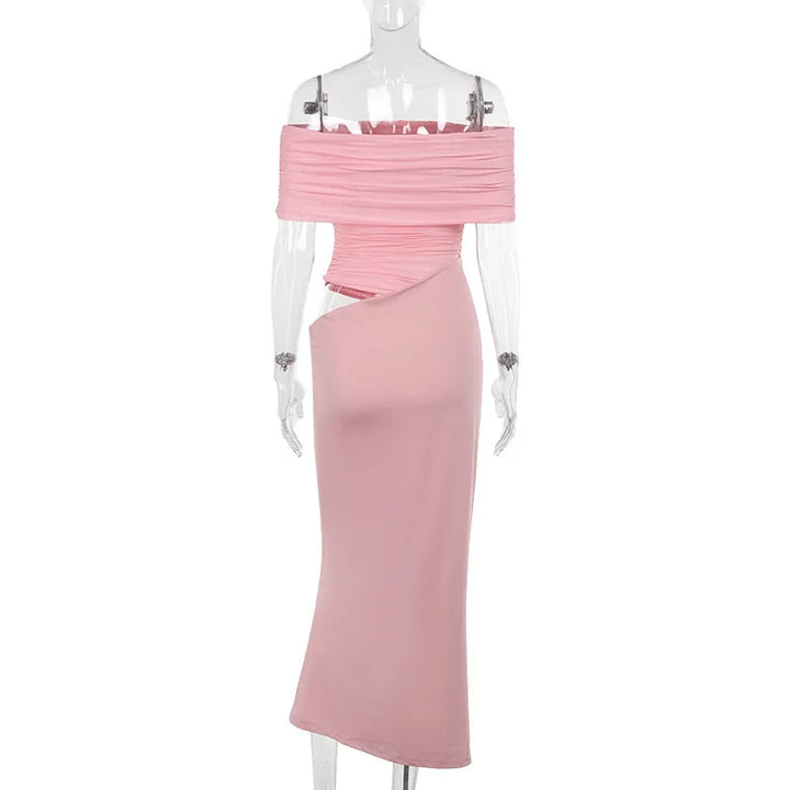 Maxi dress with ruching, mesh design and off-shoulder - Keshet
