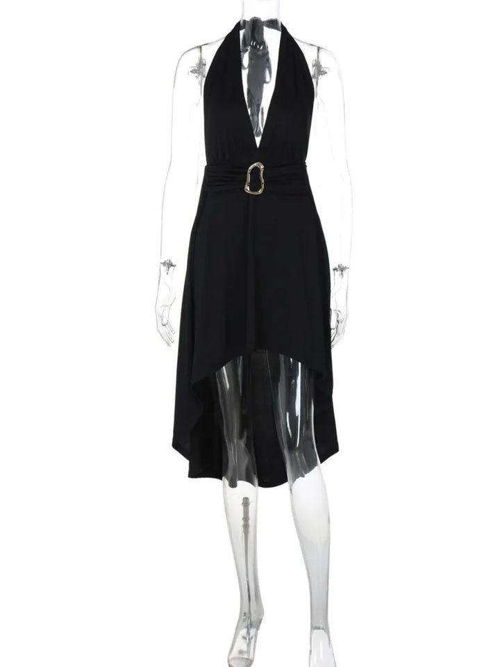 שמלת מידי אסימטרית קשירה בצוואר גב פתוח בעיטור אבזם - ליאון