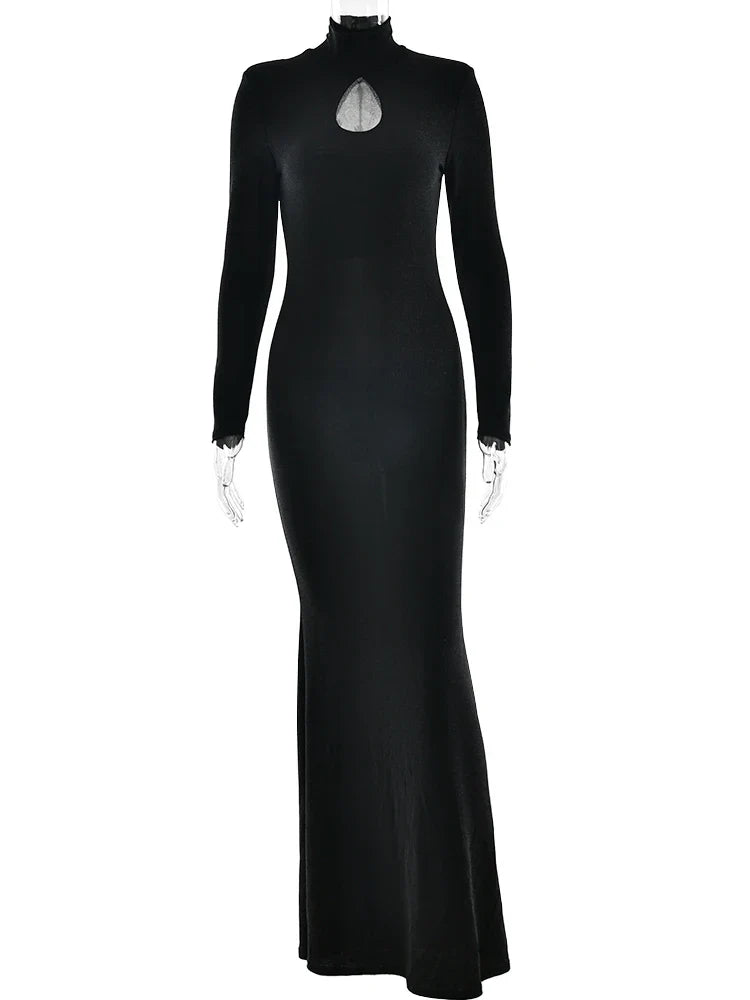 Glitter Maxi Dress with Turtleneck Collar and Cutout Embellishment - Elliana