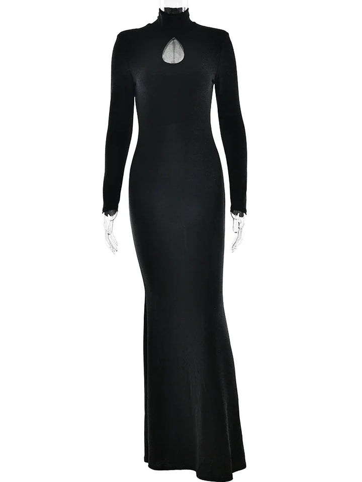 Glitter Maxi Dress with Turtleneck Collar and Cutout Embellishment - Elliana