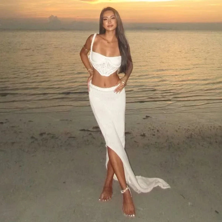 Two-piece crocheted beach set, top and maxi skirt - Aqua