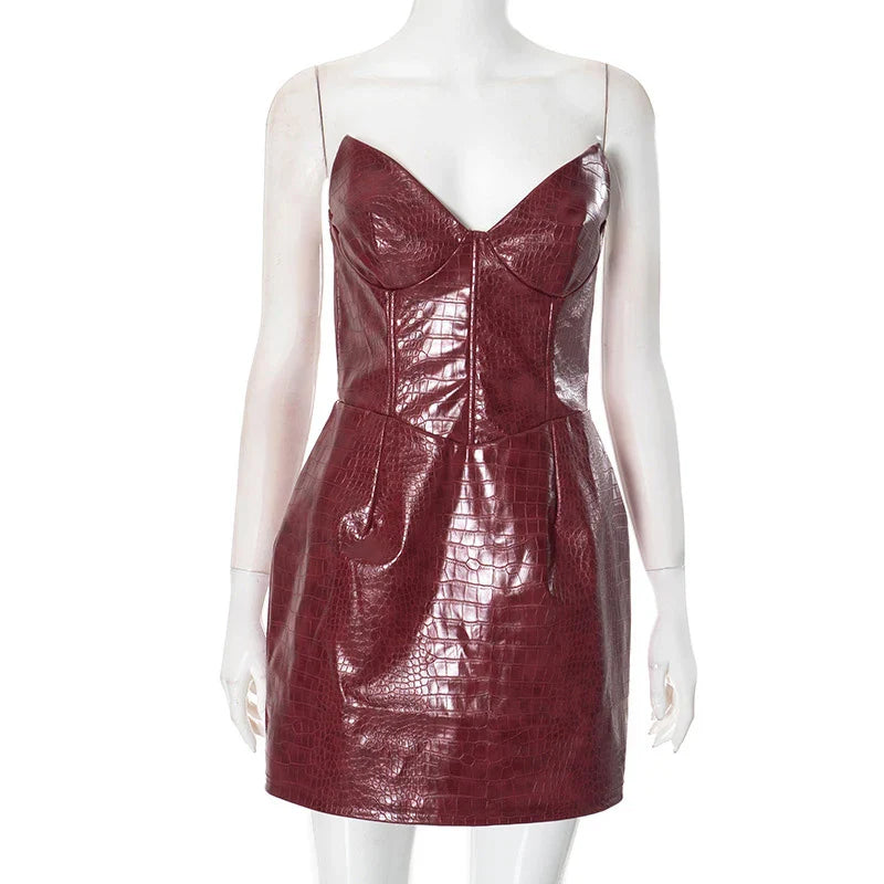 Strapless Faux Leather Mini Dress with Corset Design - Kailani