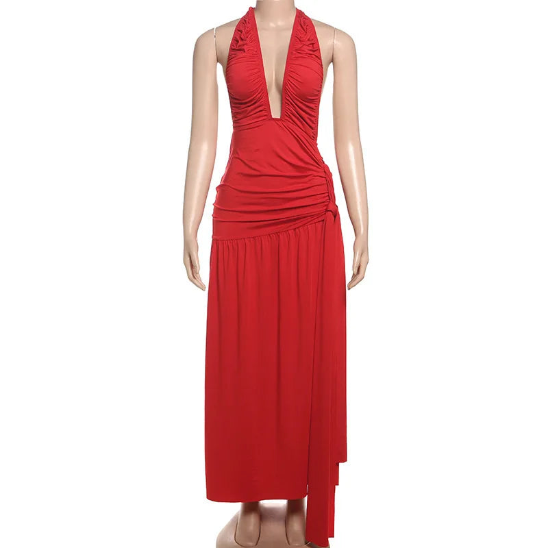 Ruched Maxi Dress with Tie Decoration, Open Back, and Deep V Neckline - Peleg